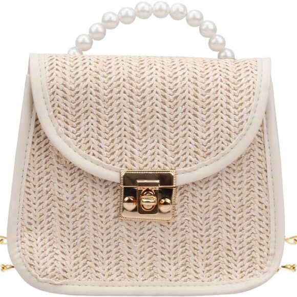 Mini Straw Bag for Women Small Pearl Top Handle Crossbody Summer Purse - Picture 1 of 7